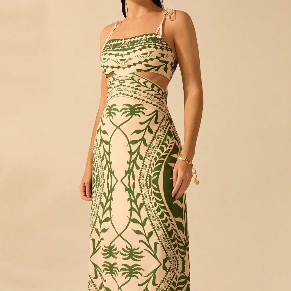 Green Boho Women's Coconut Print Hollow Waist Back Binding Sleeveless Dress